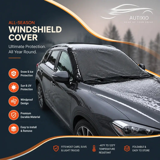 Heavy duty windshield snow cover on dark SUV in snow showing all-season protection: snow ice sun UV windproof durable material foldable fits cars SUVs and light trucks