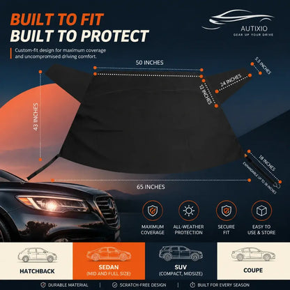 Heavy duty windshield snow cover size diagram showing 65x43 inch expandable dimensions and compatibility with hatchback sedan mid full size SUV and coupe vehicle types
