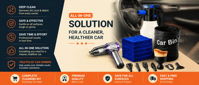High-suction cordless vacuum shown mid-clean on car floor with foam sprayer, microfiber towels, and trash bin nearby