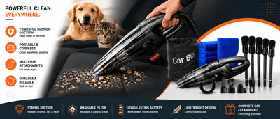 Crumb Emergency Response Kit with cordless vacuum, microfiber towels, vent brush, and trash bin displayed on car seat