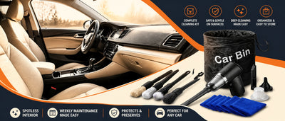 Cordless car vacuum with microfiber towels and cleaning tools for dust-free maintenance routine