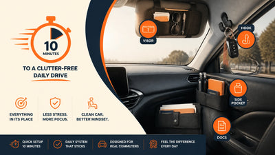 Daily commuter car interior organized with visor organizer, flower headrest hooks, slim side pocket, and registration holder