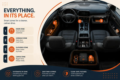 Car center console zone with gap filler, seat gap storage box, plush armrest pad, and registration holder all installed and organised