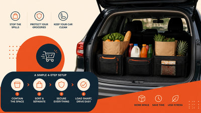Car trunk organized for grocery runs with felt bag organizer, cargo net, headrest hooks, and lidded trash bin