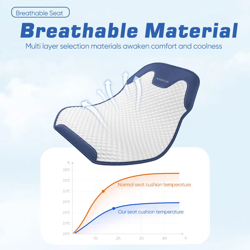 Cross-section of breathable ice silk seat cover showing airflow and cooling temperature comparison chart