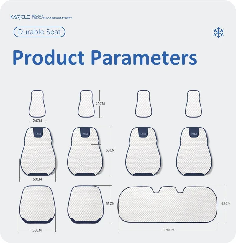 Ice silk car seat cover product dimensions diagram showing headrest, backrest, cushion and rear bench measurements