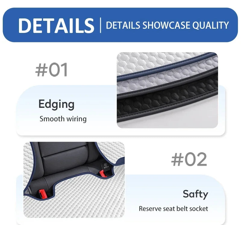 Ice silk car seat cover quality details showing smooth edging, seat belt cutout, brand logo and anti-slip base