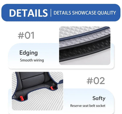 Ice silk car seat cover quality details showing smooth edging, seat belt cutout, brand logo and anti-slip base