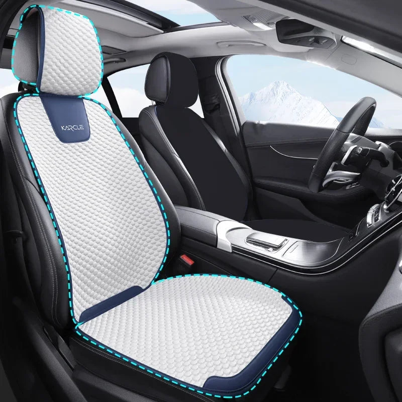 White ice silk car seat cover single front seat set with headrest viewed from front angle