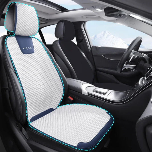 White ice silk car seat cover single front seat set with headrest viewed from front angle