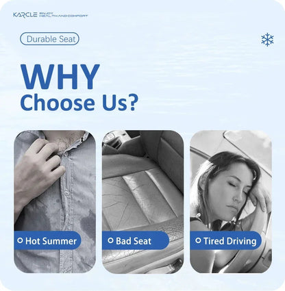 Ice silk car seat cover problem-solution infographic showing hot summer, bad seat and tired driving pain points
