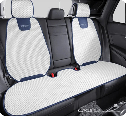 Black ice silk car seat covers fitted on rear backrests and bench seat with headrests