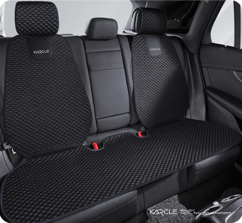 Black ice silk car seat covers rear set with two backrests and bench mat viewed from side angle