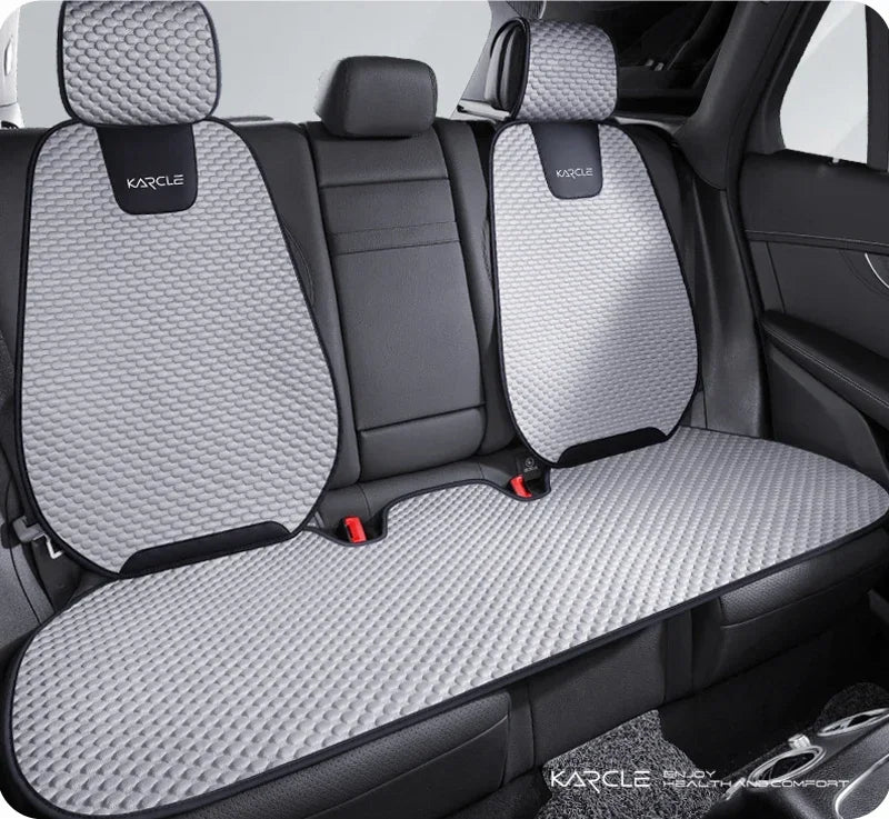 Grey ice silk car seat covers rear set with two backrest covers and bench mat installed in car