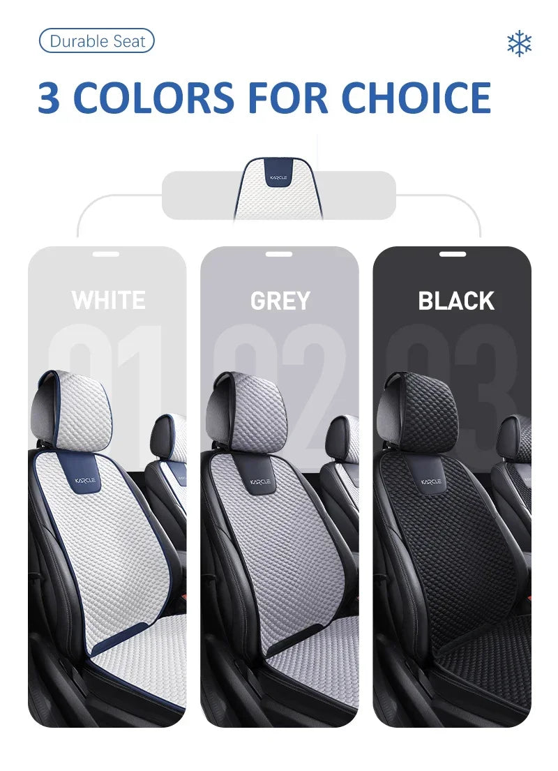 White ice silk car seat covers with headrests installed on both front seats of a sedan