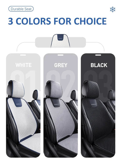 White ice silk car seat covers with headrests installed on both front seats of a sedan