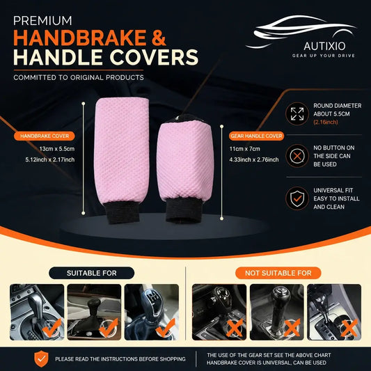 Ice silk breathable handbrake and gear shift cover 2pc set pink showing 13x5.5cm handbrake 11x7cm gear shift dimensions universal fit compatibility guide and suitable gear styles