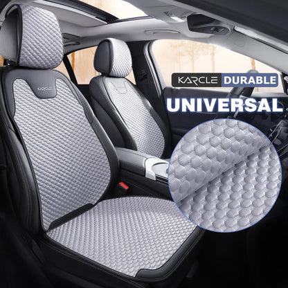 Front car seats with universal fit ice silk covers and close-up of durable hexagonal breathable fabric