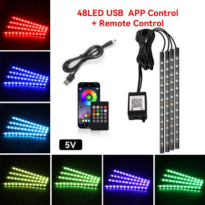 36LED RGB footwell kit — 12V cigarette lighter, app and remote control, with color swatches