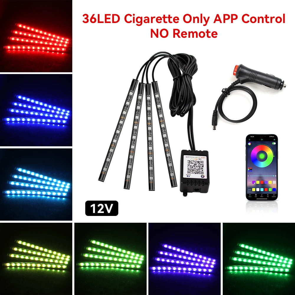 36LED RGB footwell kit — 12V cigarette lighter, app control only, no remote, with color swatches
