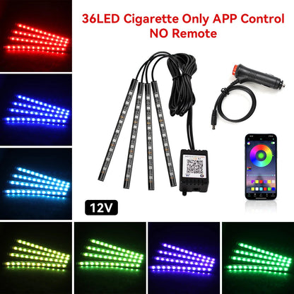 36LED RGB footwell kit — 12V cigarette lighter, app control only, no remote, with color swatches