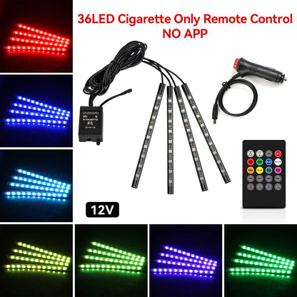 36LED RGB footwell kit — 12V cigarette lighter, remote control only, no app, with color swatches
