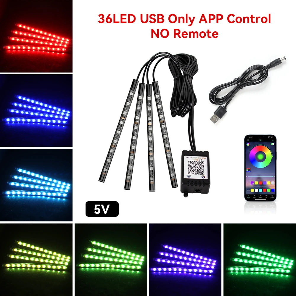 36LED RGB footwell kit — 5V USB power, app control only, no remote, with color swatches