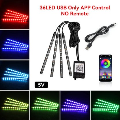 36LED RGB footwell kit — 5V USB power, app control only, no remote, with color swatches
