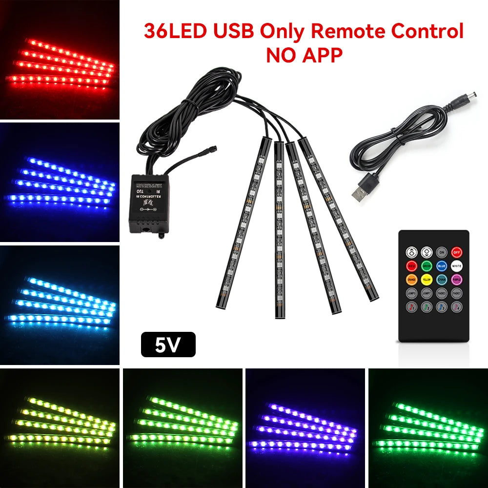 36LED RGB footwell kit — 5V USB power, remote control only, no app, with color swatches