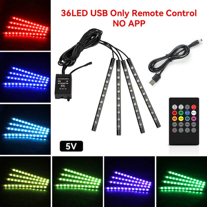 36LED RGB footwell kit — 5V USB power, remote control only, no app, with color swatches