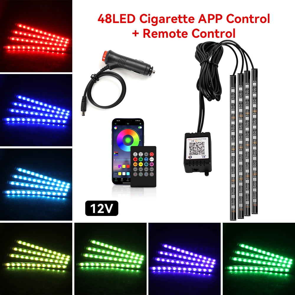 48LED RGB footwell kit — 12V cigarette lighter, app and remote control, with color swatches