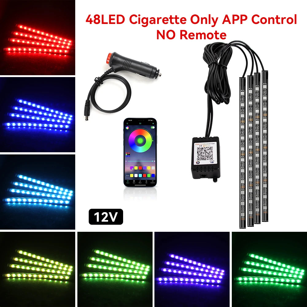 48LED RGB footwell kit — 12V cigarette lighter, app control only, no remote, with color swatches