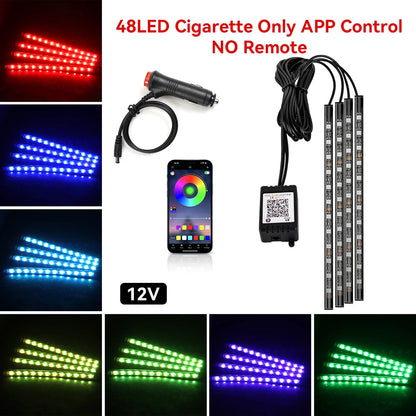 48LED RGB footwell kit — 12V cigarette lighter, app control only, no remote, with color swatches