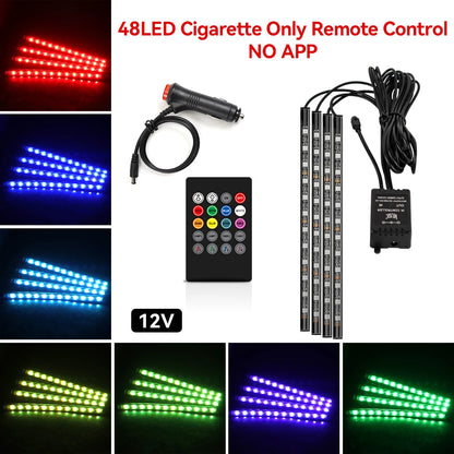 48LED RGB footwell kit — 12V cigarette lighter, remote control only, no app, with color swatches