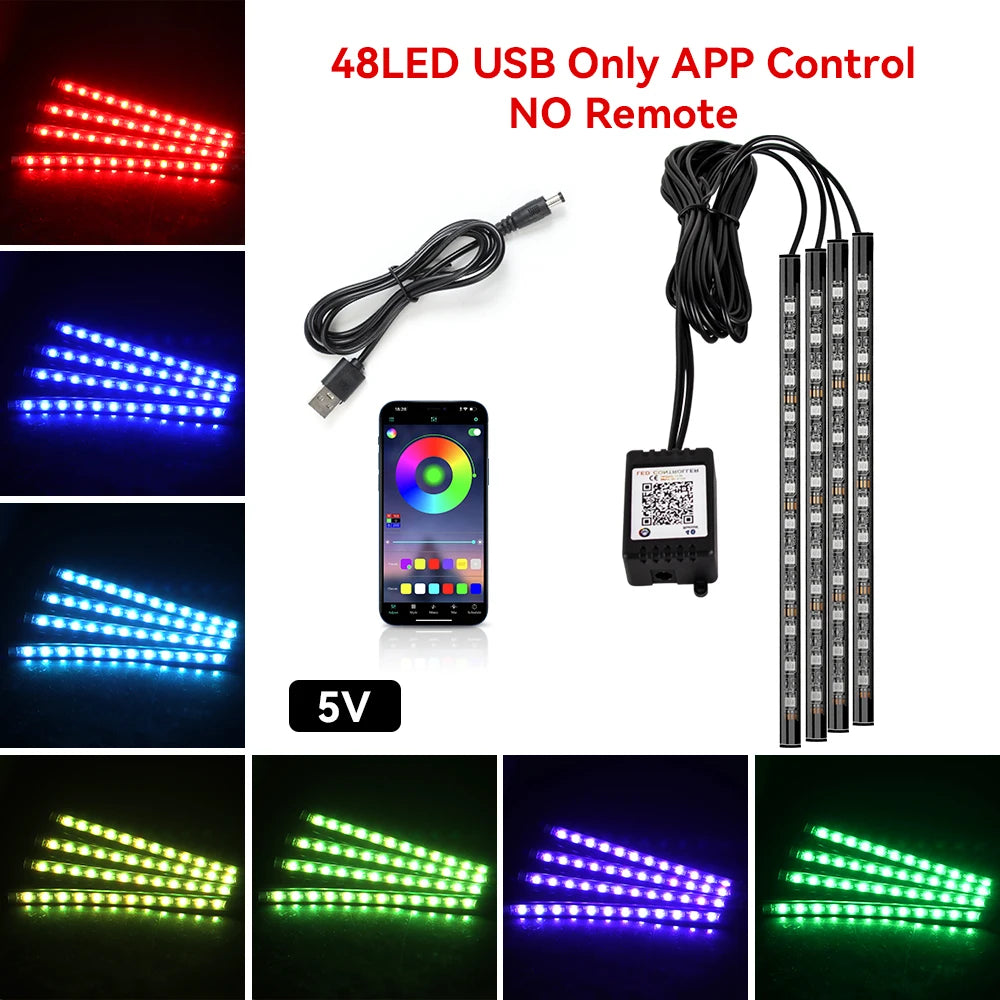 48LED RGB footwell kit — 5V USB power, app control only, no remote, with color swatches