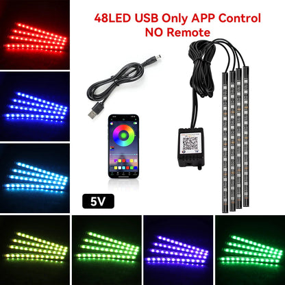 48LED RGB footwell kit — 5V USB power, app control only, no remote, with color swatches
