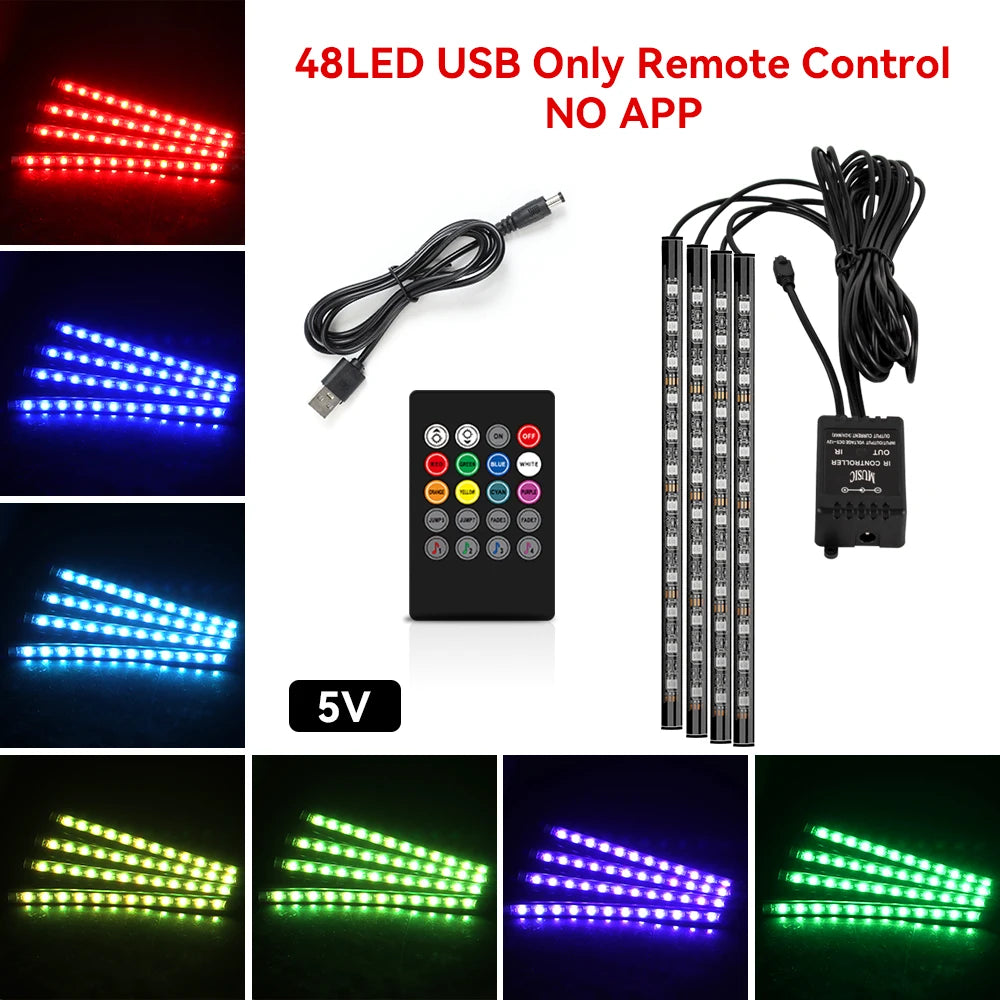 48LED RGB footwell kit — 5V USB power, remote control only, no app, with color swatches