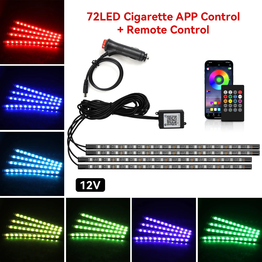 72LED RGB footwell kit — 12V cigarette lighter, app and remote control, with color swatches