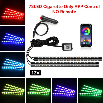 72LED RGB footwell kit — 12V cigarette lighter, app control only, no remote, with color swatches