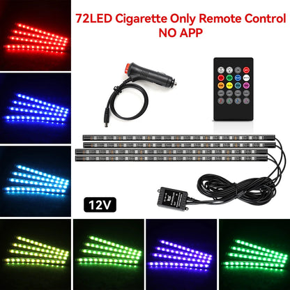 72LED RGB footwell kit — 12V cigarette lighter, remote control only, no app, with color swatches