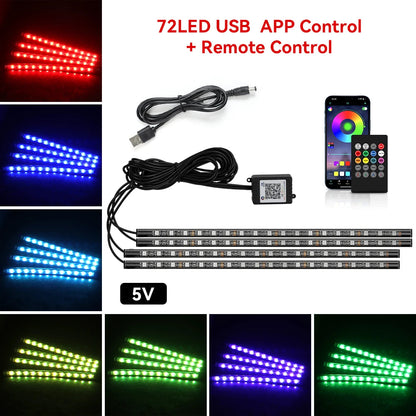 72LED RGB footwell kit — 5V USB power, app and remote control, with color swatches