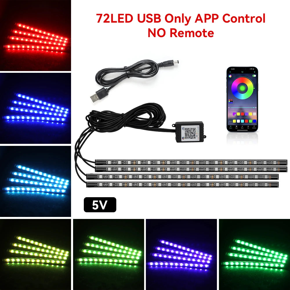 72LED RGB footwell kit — 5V USB power, app control only, no remote, with color swatches
