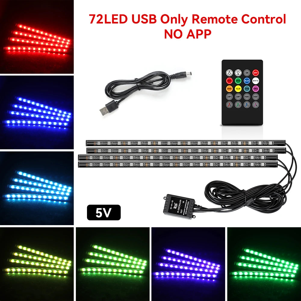 72LED RGB footwell kit — 5V USB power, remote control only, no app, with color swatches