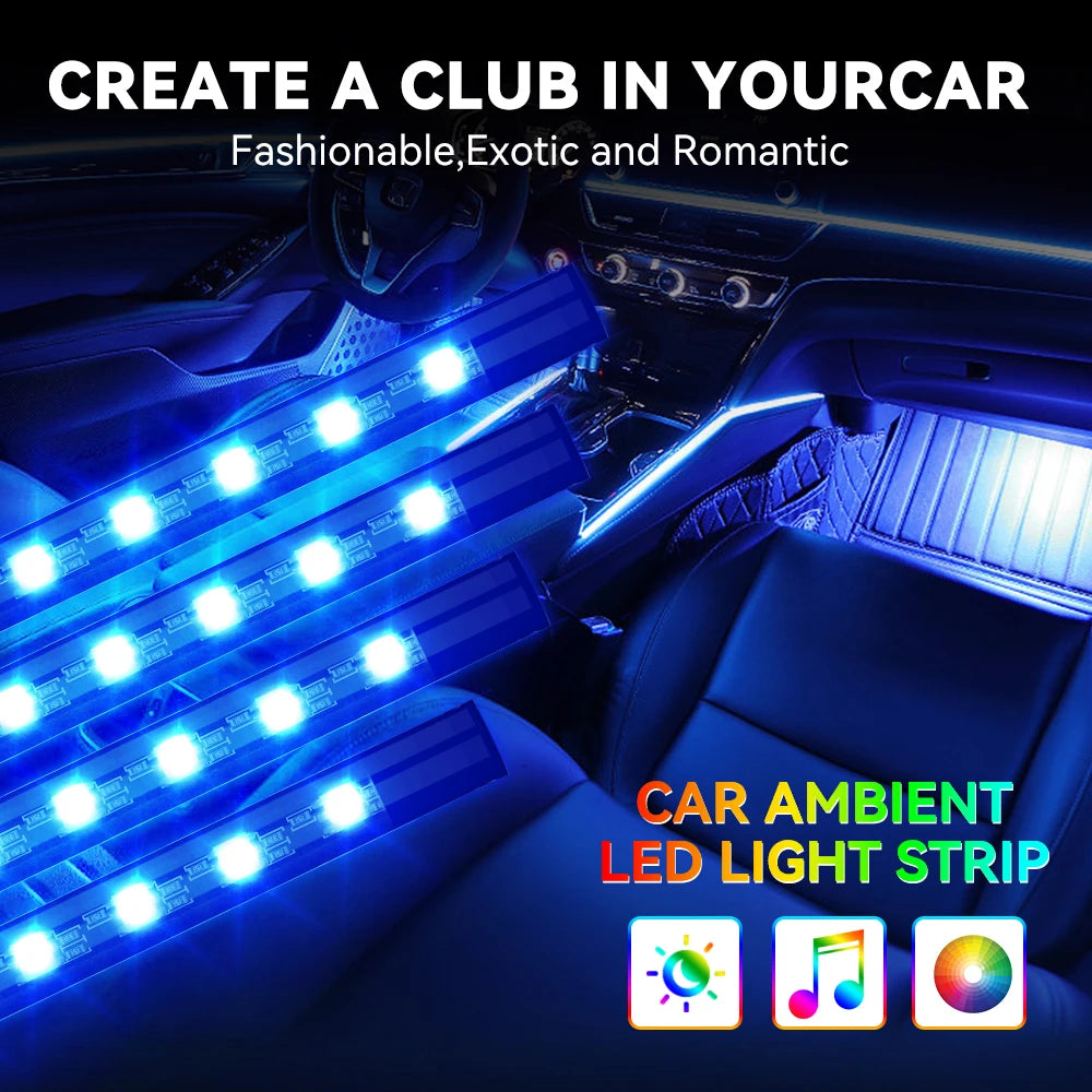 Blue RGB LED ambient strips under car seats and centre console creating footwell glow at night