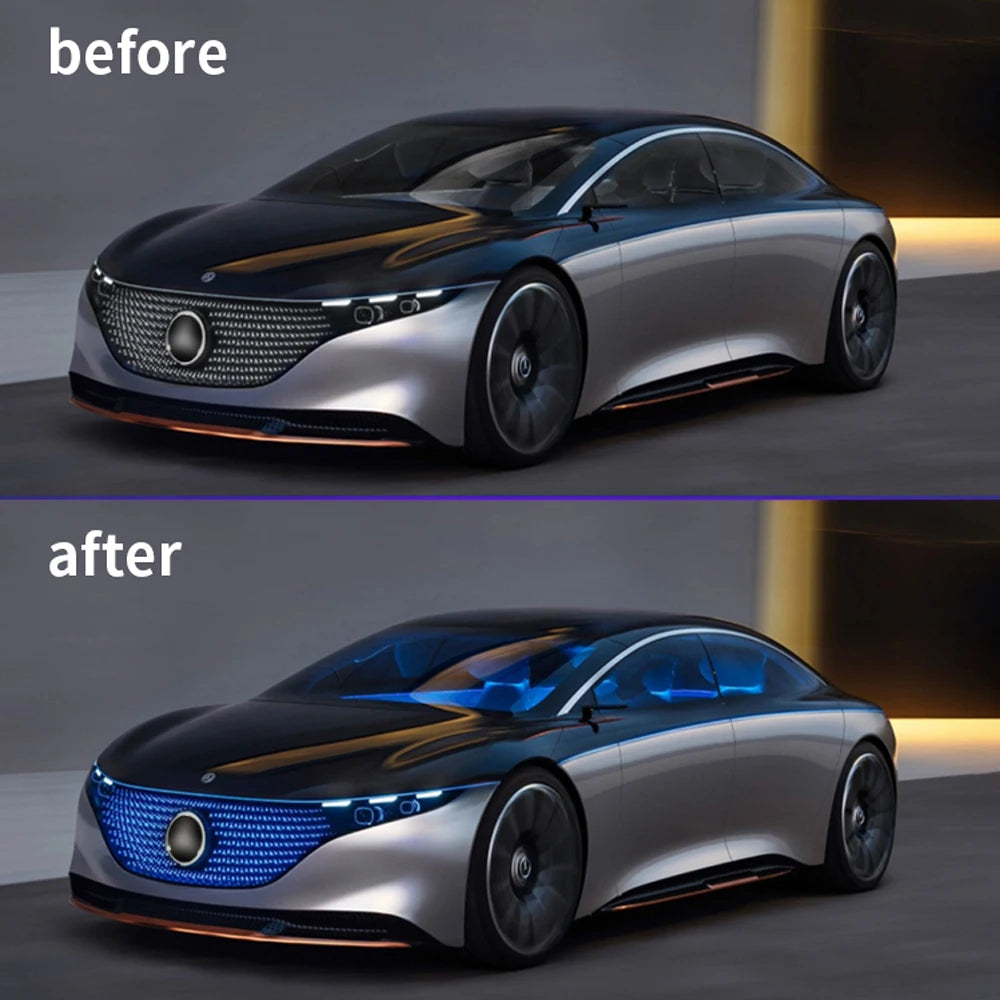 Before and after comparison of silver luxury sedan without and with blue RGB interior ambient lighting