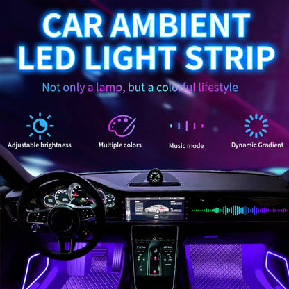 Car ambient LED strip features: adjustable brightness, multiple colors, music sync and dynamic gradient modes