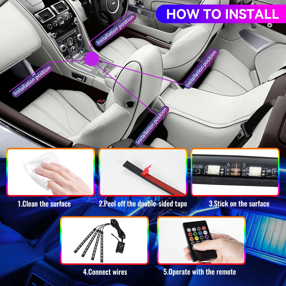 5-step install guide: clean surface, peel tape, stick strip, connect wires, operate with remote