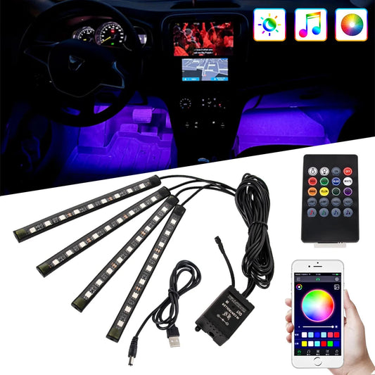 RGB interior car lights kit — purple footwell glow in car cabin with 4 LED strips, controller, remote and app