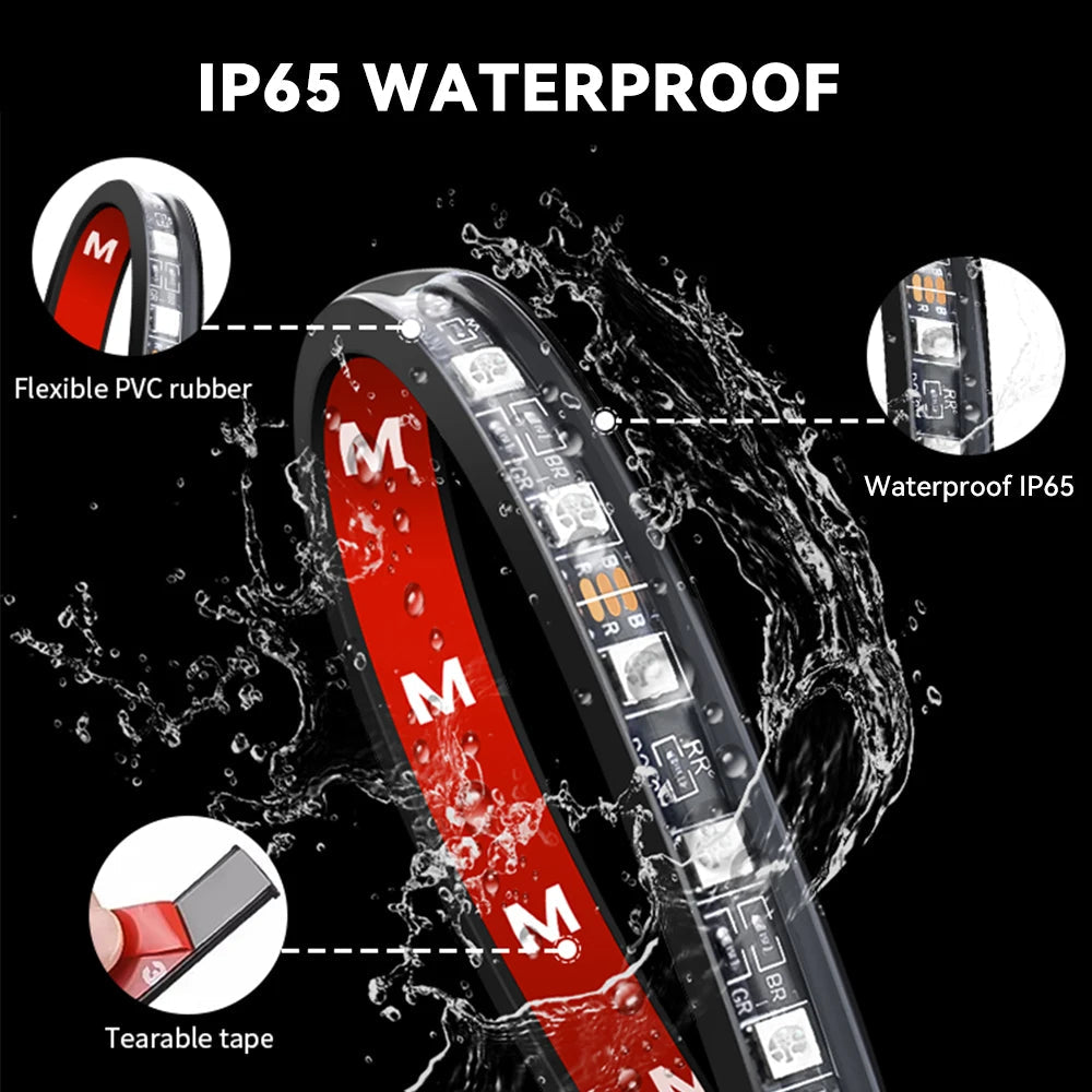 IP65 waterproof RGB LED strip with water splash showing flexible PVC rubber casing and adhesive tape