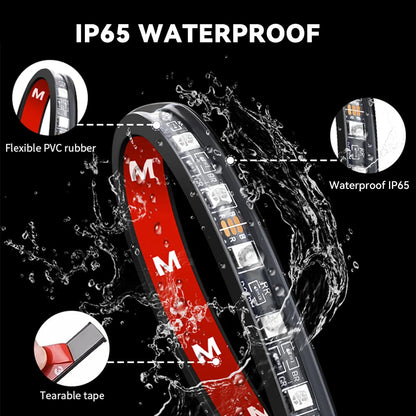 IP65 waterproof RGB LED strip with water splash showing flexible PVC rubber casing and adhesive tape
